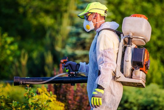 Pest control technician treating outdoor areas