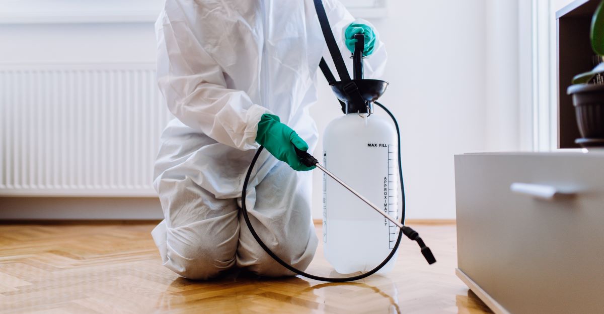 Pest control professional in protective gear treating a home